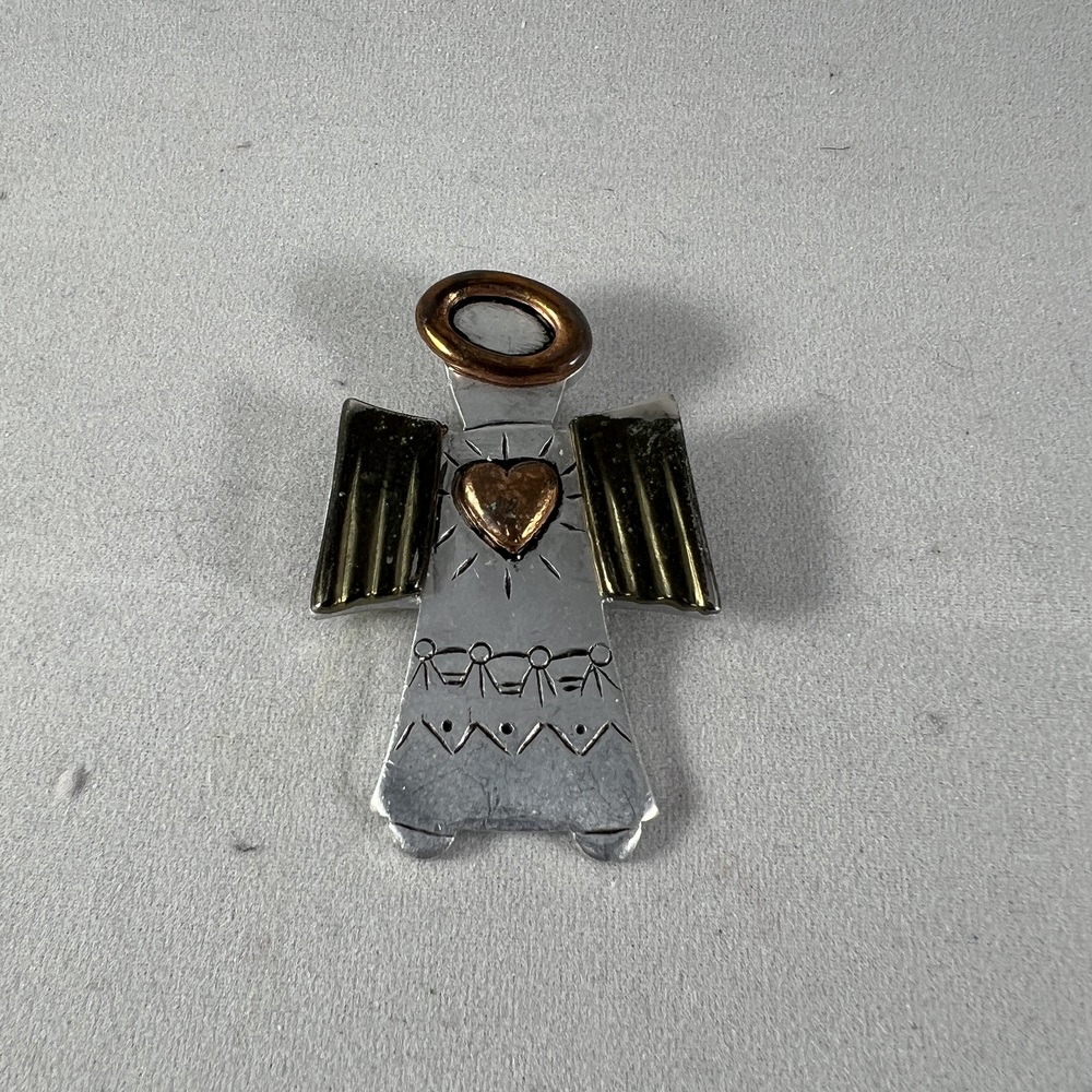 Three Tone Angel Brooch Symbolic Gift Heart Halo Wings Vintage Religious